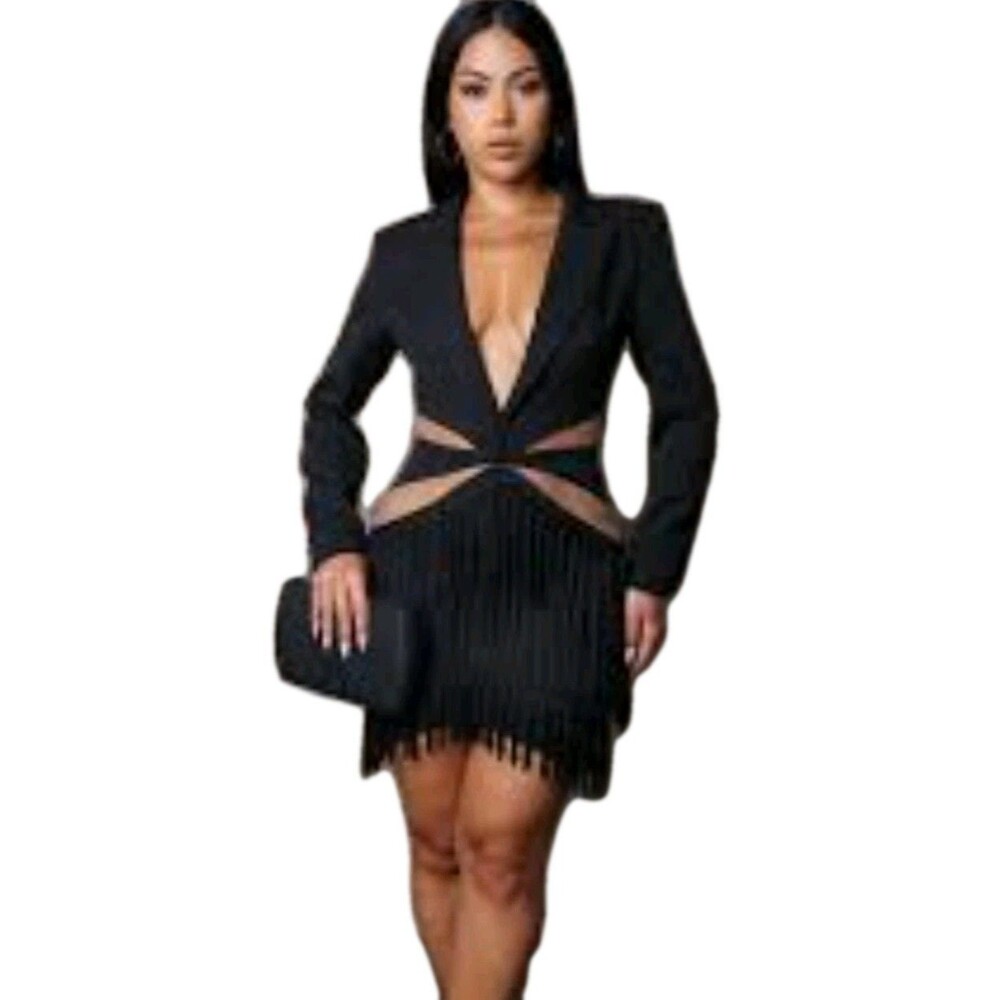Blithe Blazer Dress Fringe Bodycon Sheer Panels Size S Goth, Punk, Rave